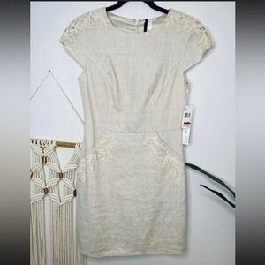 Kensie Natural Linen Lace Applique Dress new with tags